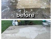 Two side-by-side images show a concrete driveway before and after cleaning. The before image shows dirt and soap suds, while the after image shows the driveway clean and free of grime.