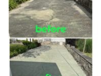 Split image showing a cracked, dirty driveway labeled before on top, and a cleaned, tidier driveway labeled after on the bottom, with visible improvements in cleanliness.