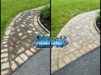 Side-by-side comparison of a stone walkway before and after power washing; the left side shows dirty, stained stones, while the right side displays clean, bright stones. Stetler Power Wash & Soft Wash logo in center.
