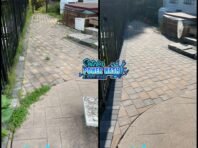 Side-by-side comparison showing a patio and walkway before (left, dirty and stained) and after (right, clean and bright) power washing. Text reads “Before” on the left and “After” on the right.