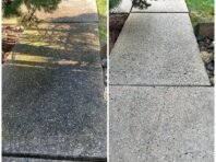 Side-by-side photos of a concrete walkway: the left shows it dark, stained, and dirty (before); the right shows it clean, bright, and free of stains (after).