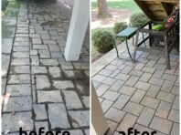 Side-by-side photos of a stone patio under stairs; the left before side shows dirty, uneven stones with weeds, while the right after side shows clean, even stones with outdoor furniture.