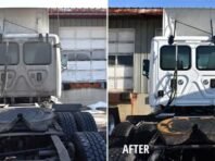 Side-by-side comparison of the back of a truck cab before (dirty and grimy) and after (clean and white) it has been washed, both parked outside in front of a garage.