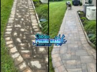 Side-by-side comparison of a stone walkway before and after cleaning. The left side shows dirt and discoloration; the right side shows clean, bright stones. “Stetler Power Wash & Soft Wash” logo is in the center.