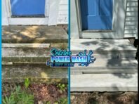 Side-by-side comparison of stone steps leading to a blue door. The left side shows dirty, moss-covered steps labeled Before, and the right side shows clean, white steps labeled After. A Settler Power Wash logo is in the center.